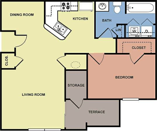 Floor plan for 1 bed, 1 bath, 739 sqft